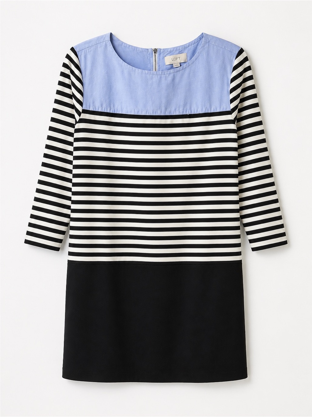 LOFT Colorblock Striped Dress M | Chambray + Black White | Preppy Chic Shift